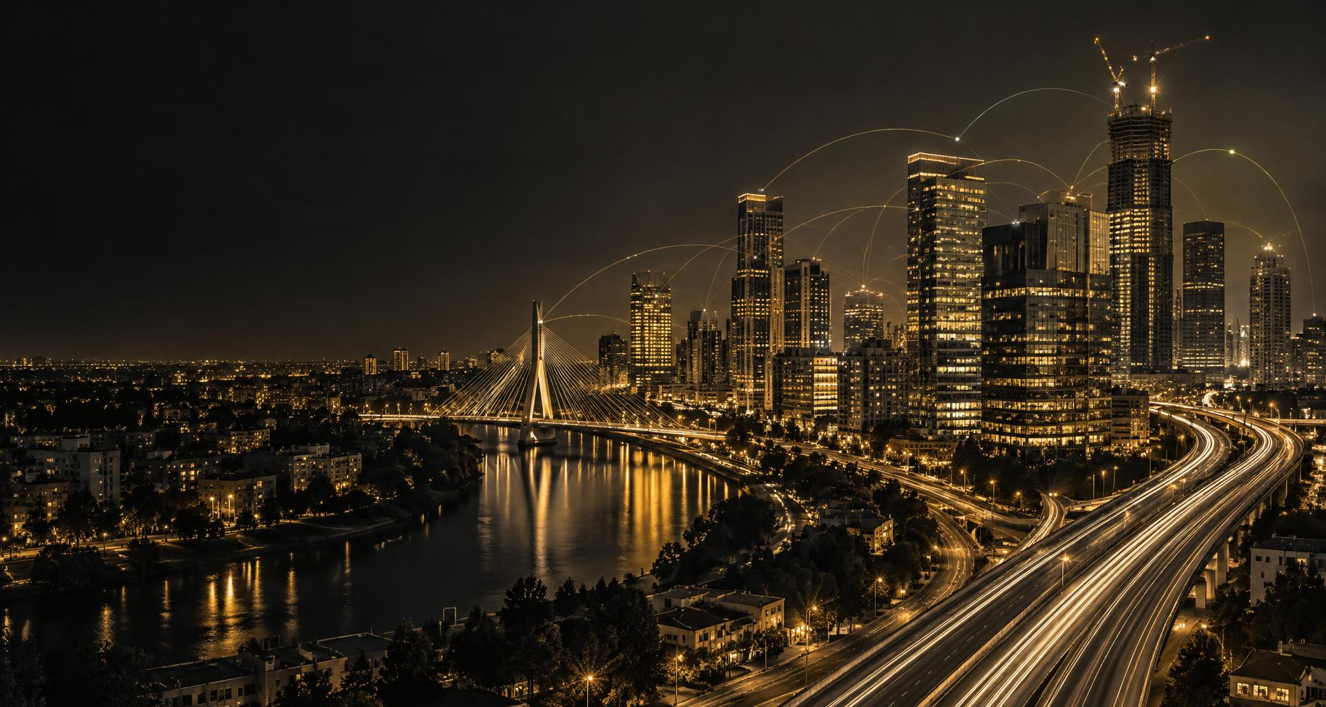 City at night with office towers, a river bridge and a motorway of light trails linked by golden data arcs